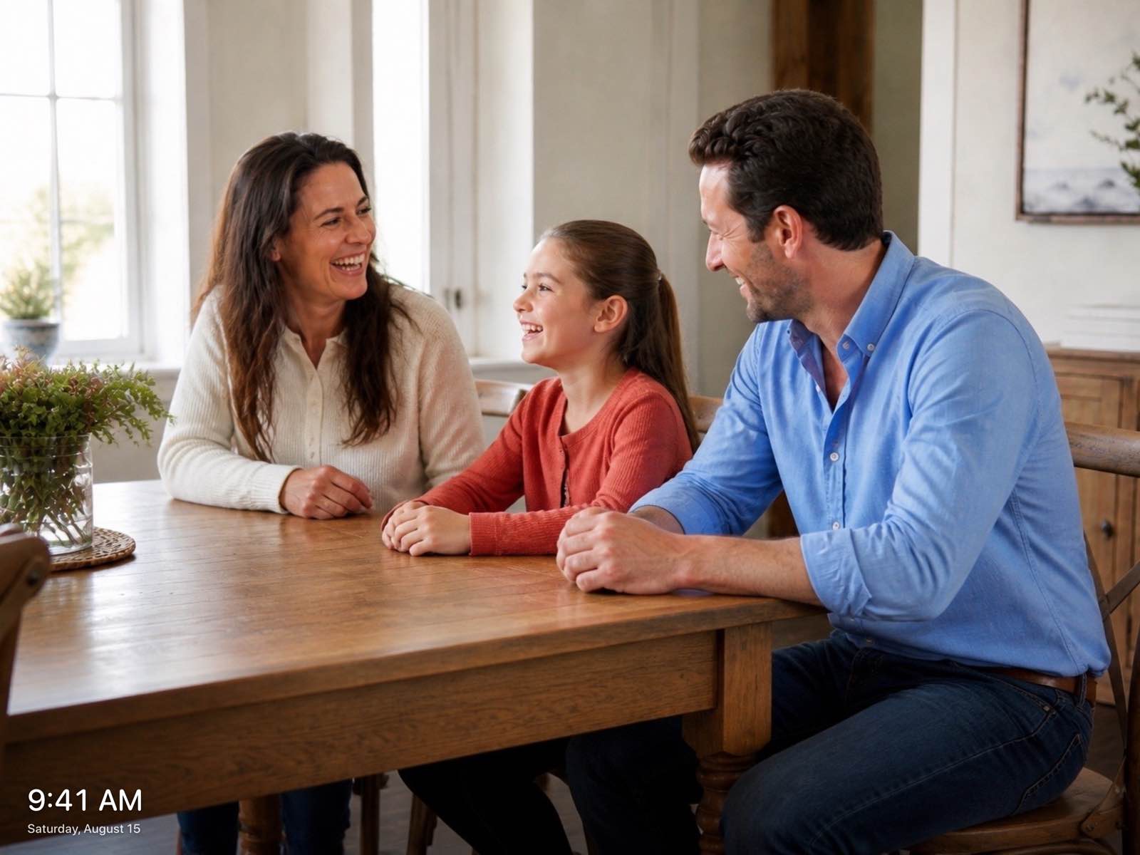 A photo of a family laughing together at the dining table, filling the whole screen.